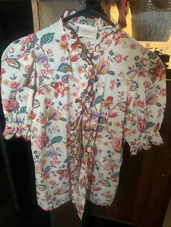 Sezane Tops - Sezane Cream Floral Ruffle Tie Blouse with Multicolor Blooms